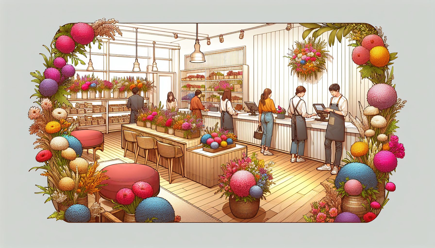 Зачем вообще оформлять букетами кассы и стойки информации